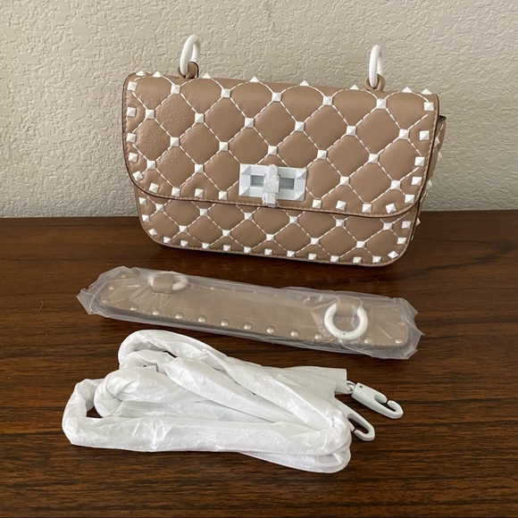 Khaki Quilted Rockstud Contrasting Crossbody Chain Bag Pouch Shoulder Pad | B3 - Picture 1 of 15